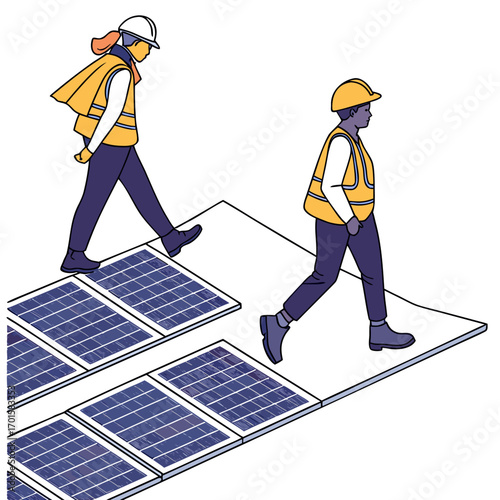 Two workers in hard hats and safety vests inspect solar panels on a rooftop