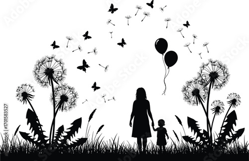Mother and child silhouette in nature, dandelions, butterflies flying, summer field, grass, family bonding moment, black vector, balloon, outdoor illustration