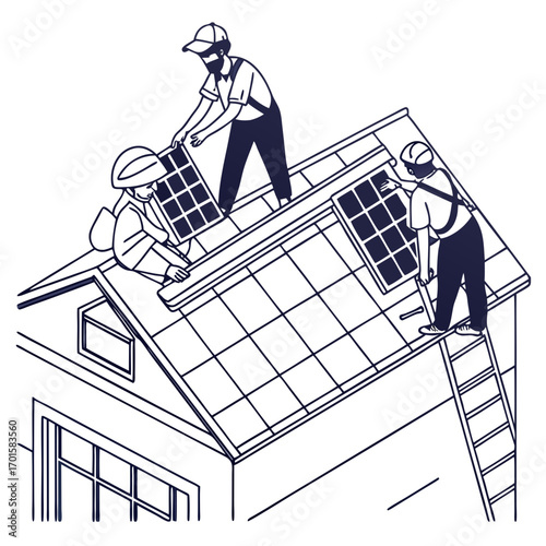 Workers installing solar panels on a house roof for renewable energy