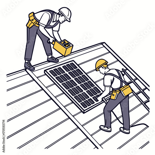 Workers installing solar panels on a rooftop