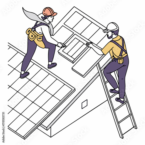 Two construction workers installing solar panels on a rooftop