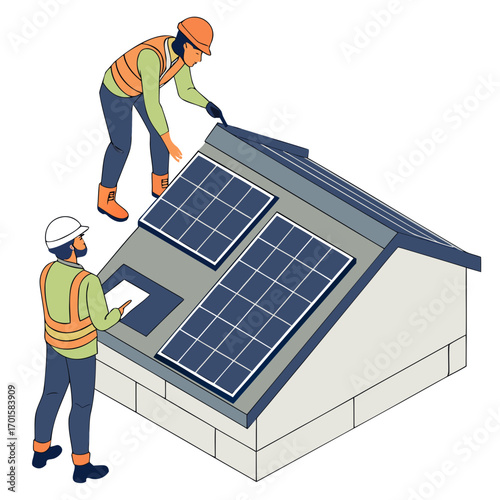 Workers installing solar panels on a house roof for renewable energy
