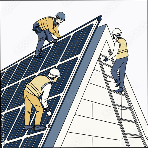 Workers installing solar panels on a rooftop using a ladder