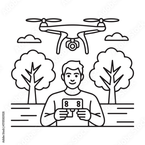 Man holding drone license with drone flying overhead in park silhouette