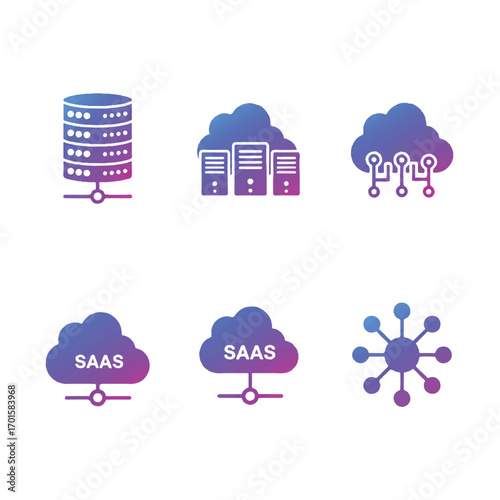 Cloud computing symbols representing data storage and SaaS solutions with network connections for modern technology infrastructure.