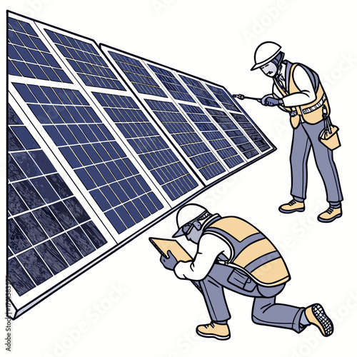 Two workers installing and inspecting solar panels on a white background
