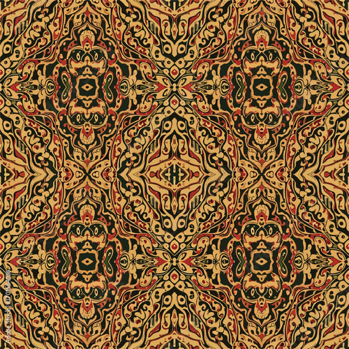 Intricate arabesque pattern with elegant swirls in black, gold, and red hues, patern seamless, Stock royalty.