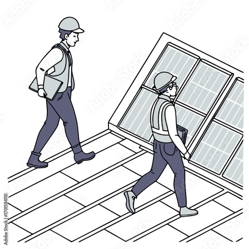Two workers in hard hats and vests inspect solar panels on a rooftop