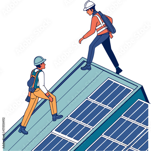 Two workers installing solar panels on a rooftop under a clear sky