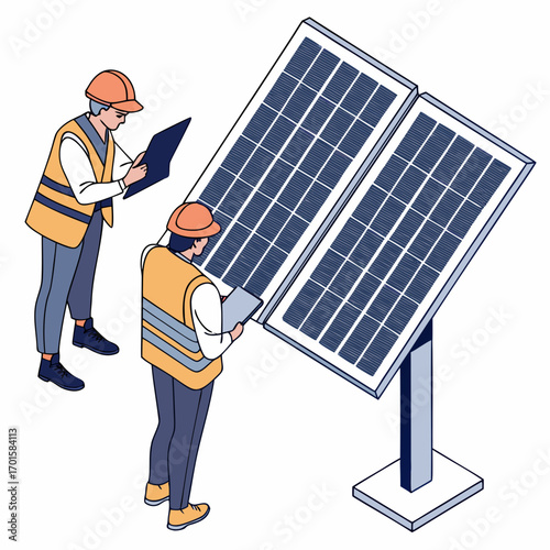 Two engineers in safety vests and hard hats inspecting solar panels