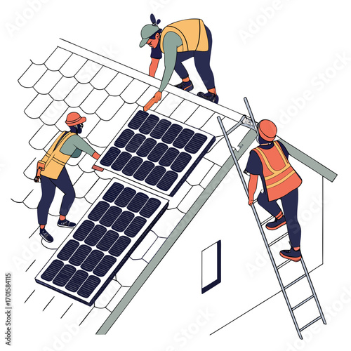 Workers installing solar panels on a rooftop for renewable energy