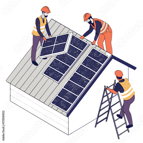 Workers installing solar panels on a residential rooftop for renewable energy