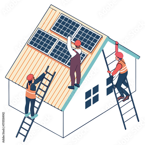 Workers install solar panels on a house roof using ladders
