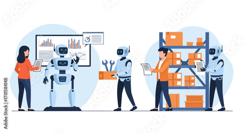 Human workers and robots collaborating in a warehouse setting.