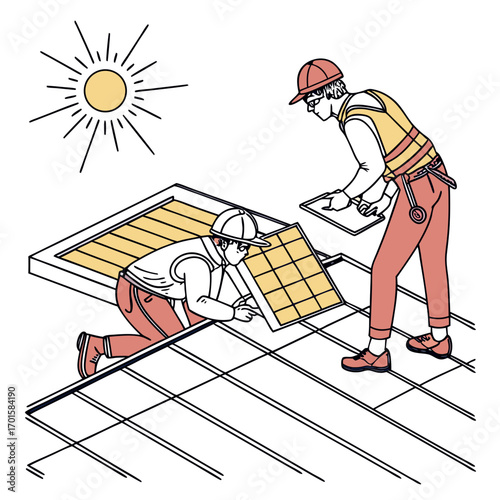 Two workers installing solar panels on a rooftop under the sun