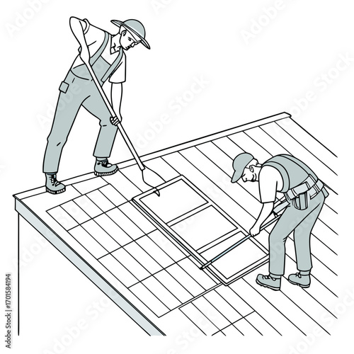 Two construction workers installing a skylight on a rooftop