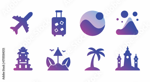 Gradient travel symbols representing different destinations and modes of transport, arranged in a neat row against a clean white backdrop, conveying wanderlust.