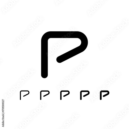 Technical letter P, digital cyber alphabet font, including set of five different thicknesses of the trendy modern letter (light, regular, medium, bold, thick), vector illustration 10EPS