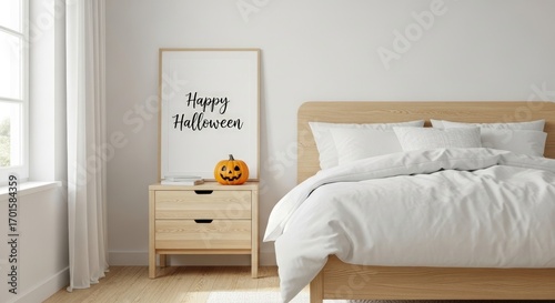 A cozy bedroom scene featuring a framed happy halloween print a bedside table, accompanied by a cheerful jackolantern, creating a subtle yet festive autumn atmosphere