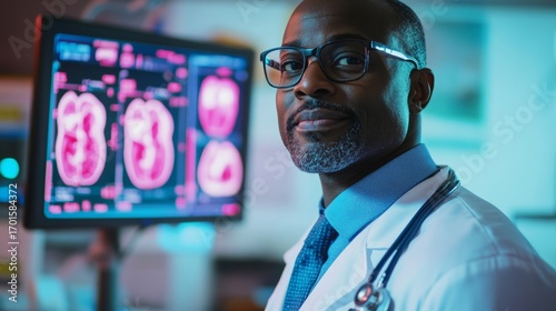 A confident healthcare professional stands by advanced medical imaging technology. The future of diagnostics is here. Explore innovation in healthcare. Generative AI