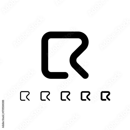 Technical letter R, digital cyber alphabet font, including set of five different thicknesses of the trendy modern letter (light, regular, medium, bold, thick), vector illustration 10EPS