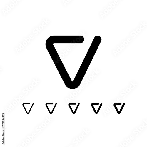 Technical letter V, digital cyber alphabet font, including set of five different thicknesses of the trendy modern letter (light, regular, medium, bold, thick), vector illustration 10EPS