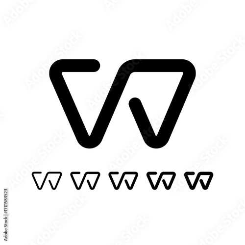 Technical letter W, digital cyber alphabet font, including set of five different thicknesses of the trendy modern letter (light, regular, medium, bold, thick), vector illustration 10EPS