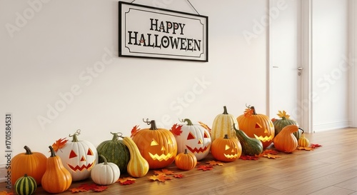 A festive halloween display featuring a row of illuminated jackolanterns and a happy halloween sign, creating a spooky and inviting atmosphere along a hallway floor