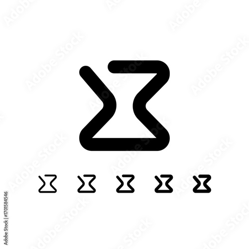 Technical letter X, digital cyber alphabet font, including set of five different thicknesses of the trendy modern letter (light, regular, medium, bold, thick), vector illustration 10EPS