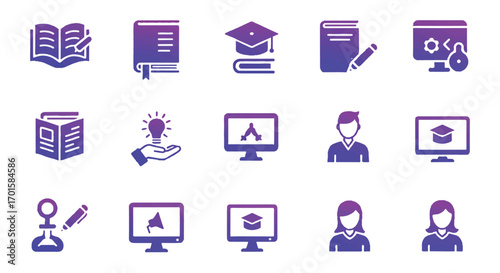Online education symbols representing learning and knowledge on white backdrop, depicting modern elearning and academic pursuit.
