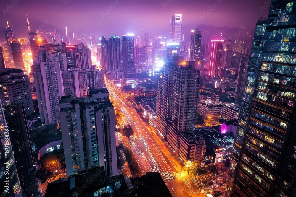 Fototapeta premium Vibrant city skyline illuminated at night with traffic flowing through the streets