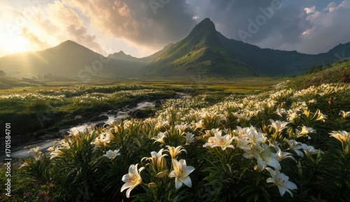 Lush valley with white lilies and mountains