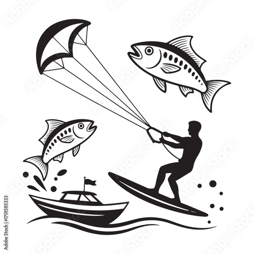 Dynamic silhouette of a kitesurfer riding a surfboard pulled by a kite with fish jumping near a boat