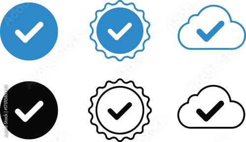 Tick Check Mark Icon Set in Blue Circle, Seal, and Cloud Shapes on White
