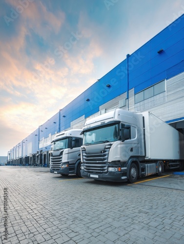 Logistics Warehouse Trucks Sunset Loading Dock