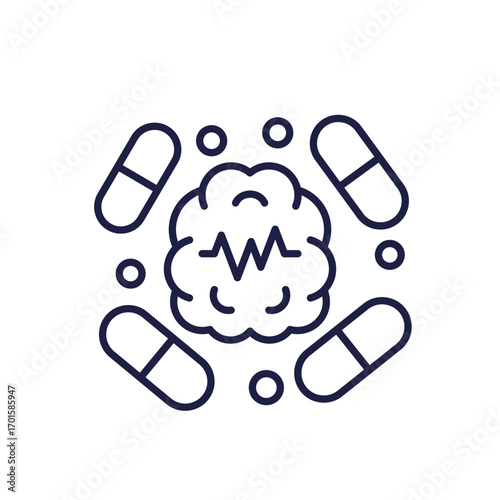 anti seizure medications icon with pills and brain, epilepsy drugs line design