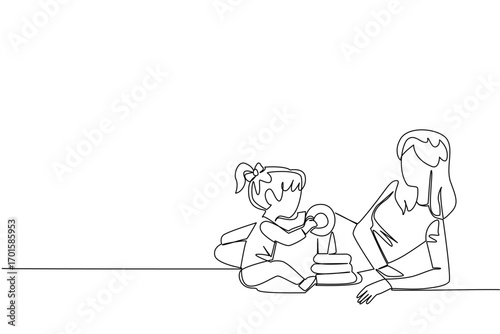 Continuous one line drawing a babysitter lying on floor accompanying girl playing donut stacking. The nanny who hone intelligence. National Babysitter Day. Single line draw design vector illustration