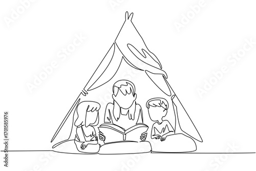 Single continuous line drawing a babysitter lying down reading a book under a tent with a boy and a girl. Get used to the hobby of reading. National Babysitter Day. One line design vector illustration