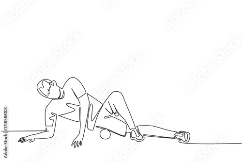 Continuous one line drawing a man exercising using a foam roller. Cooling with tools. Recovery after minor injuries. Treatment. National Foam Rolling Day. Single line draw design vector illustration