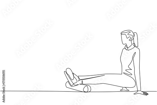 Single continuous line drawing a woman exercising using a foam roller. Sprain. Minor ankle injury. Recovery. Restore joint strength. National Foam Rolling Day. One line design vector illustration