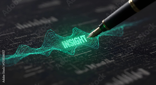 「INSIGHT」のネオンが輝くデータ分析のイメージ。混沌とした情報から本質的な洞察を得るビジネスコンセプト。