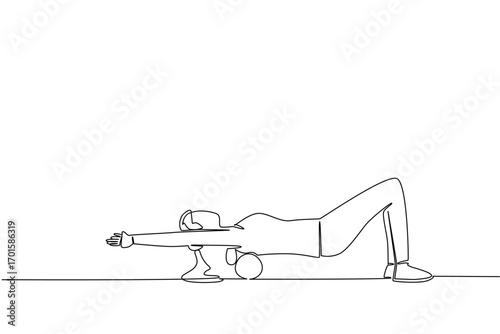 Single one line drawing a woman exercising using a foam roller. Stretches to relieve back pain. Still exercising alone. Health. National Foam Rolling Day. Continuous line design graphic illustration