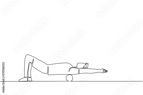 Single continuous line drawing a man exercising using a foam roller. Relaxation. Stretch out stiff muscles a bit. Minor injury recovery. National Foam Rolling Day. One line design vector illustration