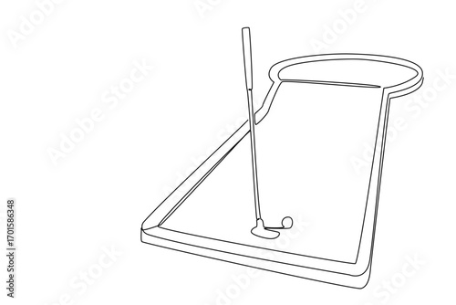 Single one line drawing mini golf stick and golf ball on the mini golf field. A set of necessities for exercising. Outdoor sports. National Mini Golf Day. Continuous line design graphic illustration