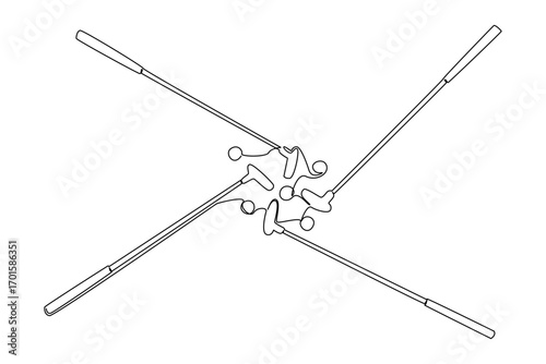 Single continuous line drawing some mini golf sticks arranged and some colorful golf balls. Actively exercising. Playing with a group. National Mini Golf Day. One line design vector illustration