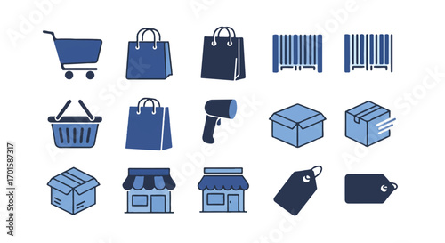 Collection of shopping related elements representing retail and commerce, including cart, bags, barcodes, scanner, boxes, store fronts, and tags, in a minimalist style.