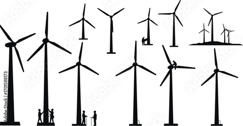 Wind turbine vector illustration showing renewable energy, workers maintaining windmills, clean power generation, green technology, sustainability, electricity production, and eco-friendly industry.
