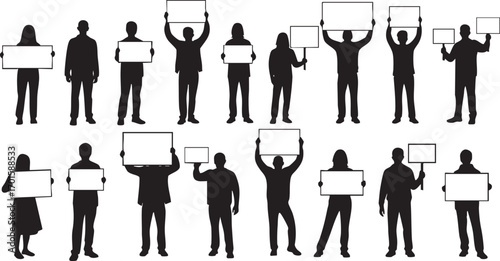 Collection of diverse silhouettes of men and women holding blank signs, ideal for protests, demonstrations, or announcements.