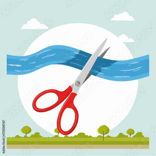 Grand opening scissors cutting blue ribbon, celebrating new business or project launch, success