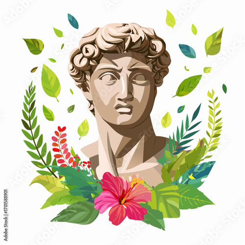 Classic sculpture bust surrounded by vibrant flowers and foliage, fresh and elegant design